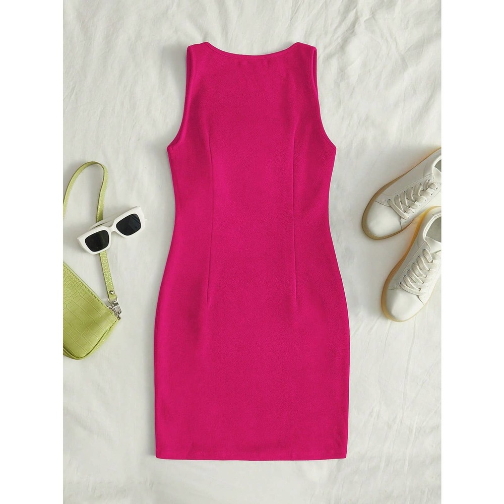 minimalist business casual workwear square neck Split Hem mini Dress navy blue - Picture 8 of 12